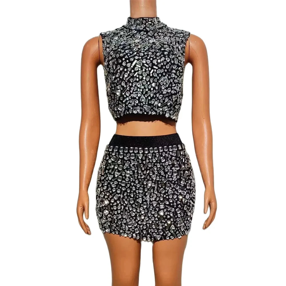 Luxurious Rhinestones Celebrate Evening Birthday Dress Crystals Top Short Skirt Two Pieces Set Performance Photoshoot Wear