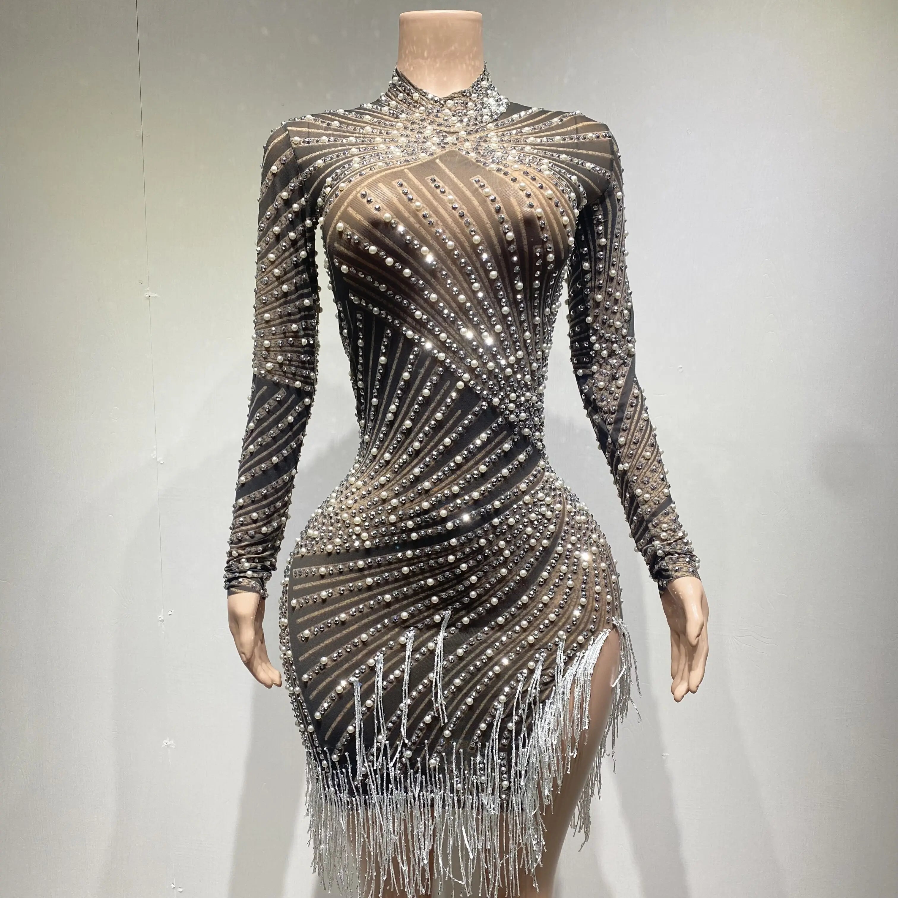 Red Black Rhinestones Pearls Red Fringe High Neck Mesh Bodycon Dress Bar Birthday Celebrate Dress Women Dance Outfit