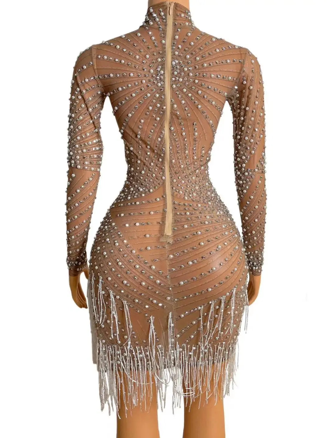 Red Black Rhinestones Pearls Red Fringe High Neck Mesh Bodycon Dress Bar Birthday Celebrate Dress Women Dance Outfit