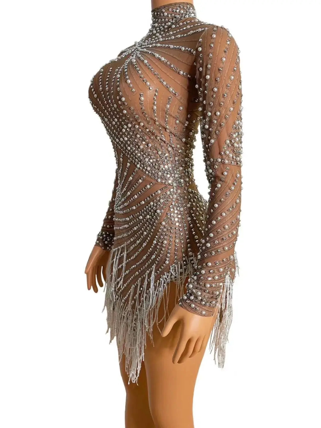 Red Black Rhinestones Pearls Red Fringe High Neck Mesh Bodycon Dress Bar Birthday Celebrate Dress Women Dance Outfit