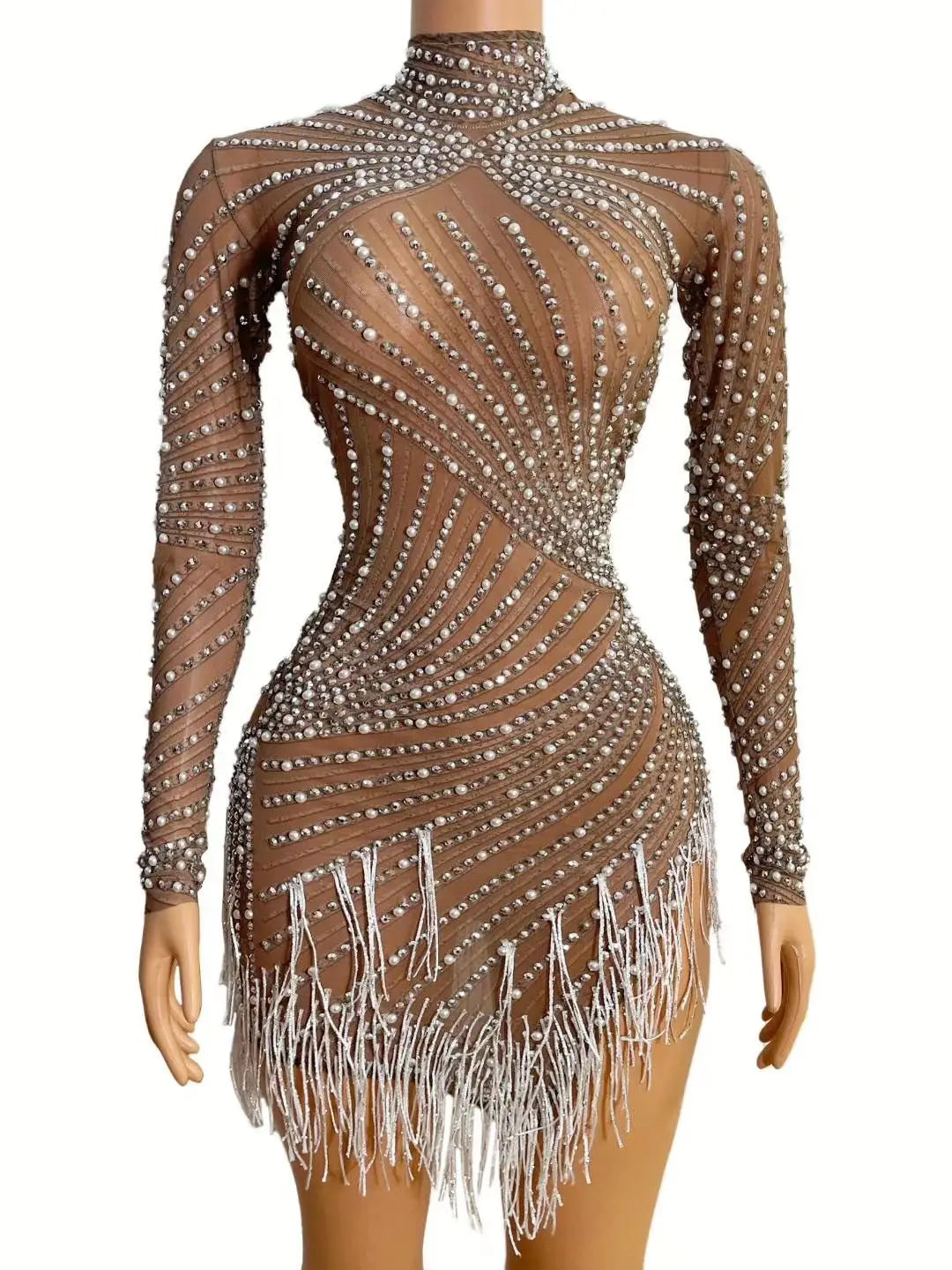 Red Black Rhinestones Pearls Red Fringe High Neck Mesh Bodycon Dress Bar Birthday Celebrate Dress Women Dance Outfit
