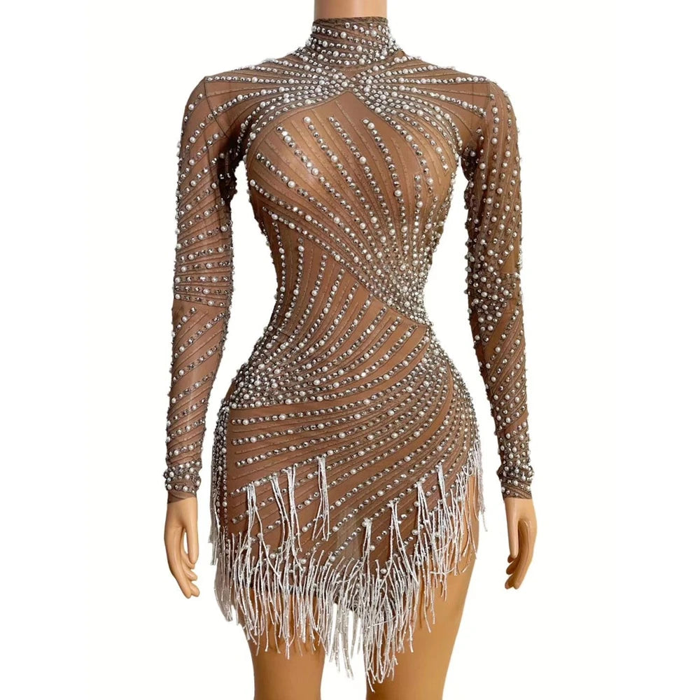 Red Black Rhinestones Pearls Red Fringe High Neck Mesh Bodycon Dress Bar Birthday Celebrate Dress Women Dance Outfit