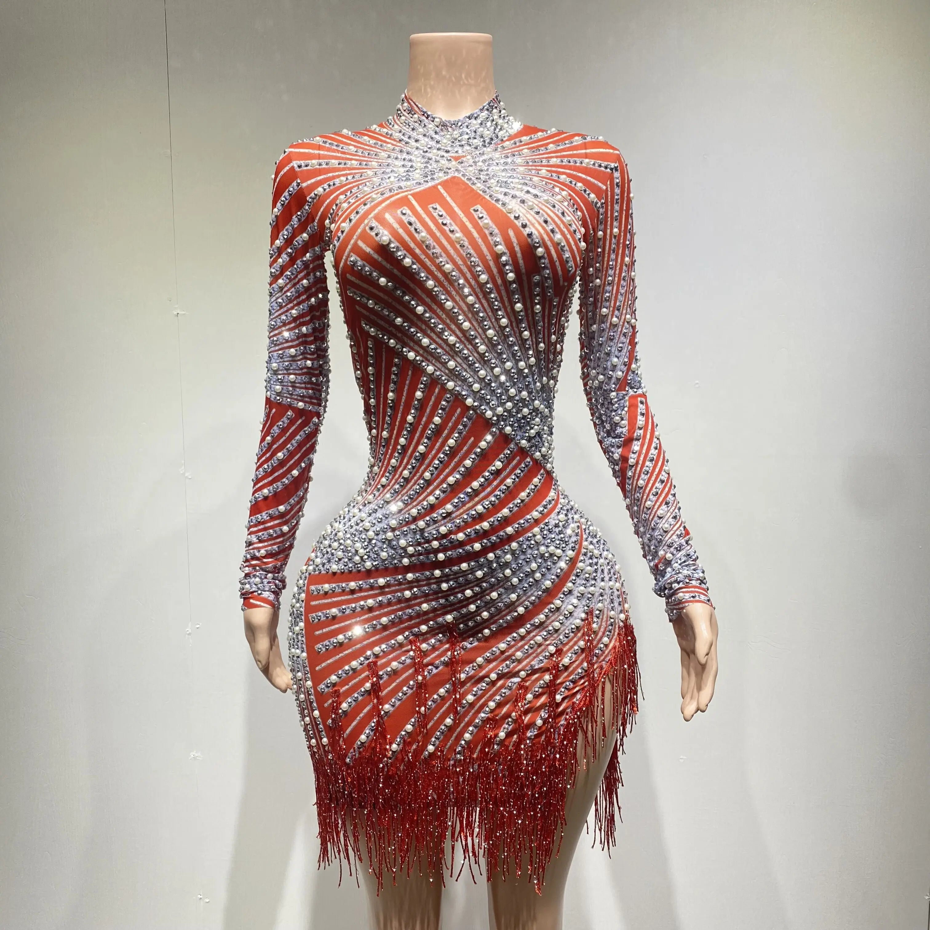 Red Black Rhinestones Pearls Red Fringe High Neck Mesh Bodycon Dress Bar Birthday Celebrate Dress Women Dance Outfit