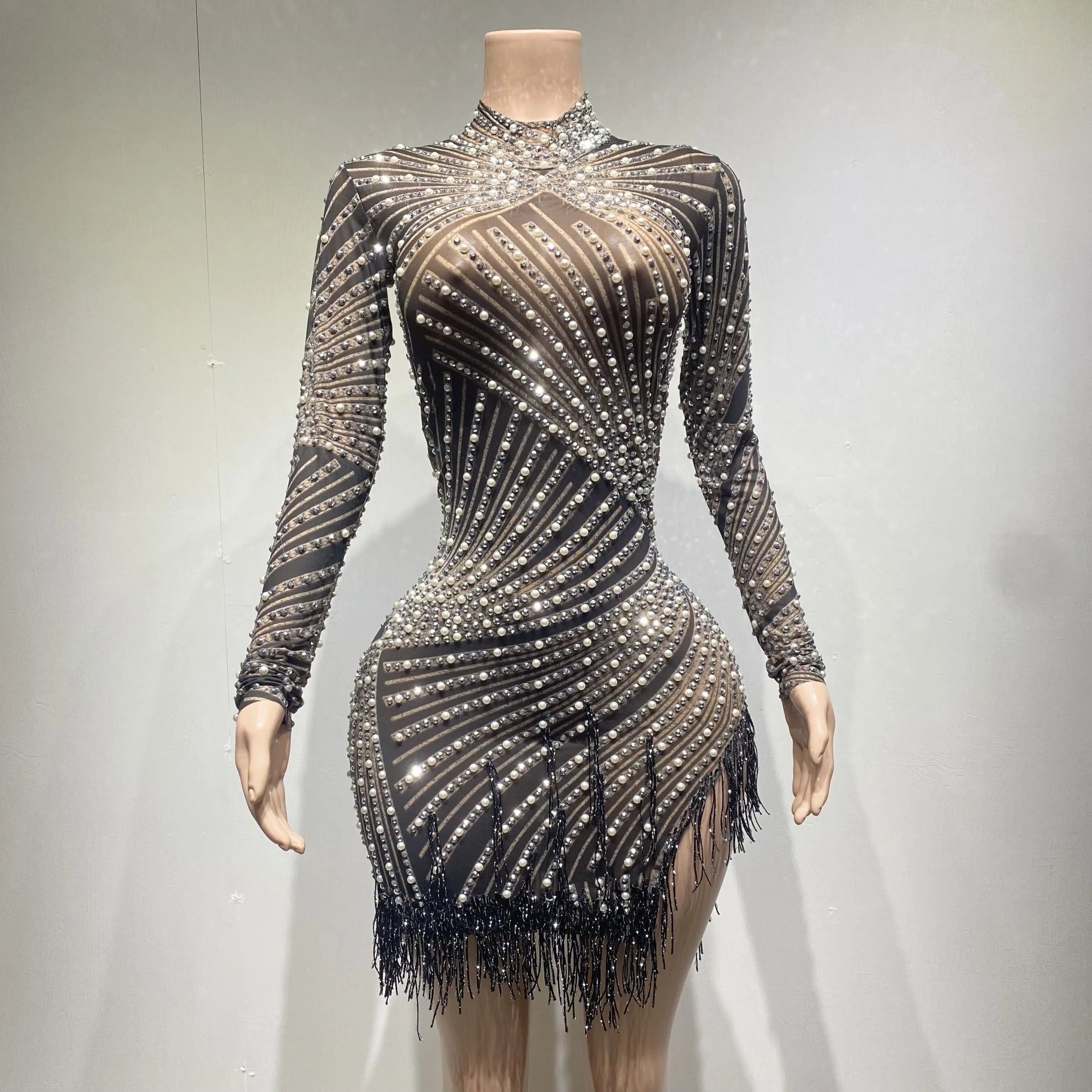 Red Black Rhinestones Pearls Red Fringe High Neck Mesh Bodycon Dress Bar Birthday Celebrate Dress Women Dance Outfit