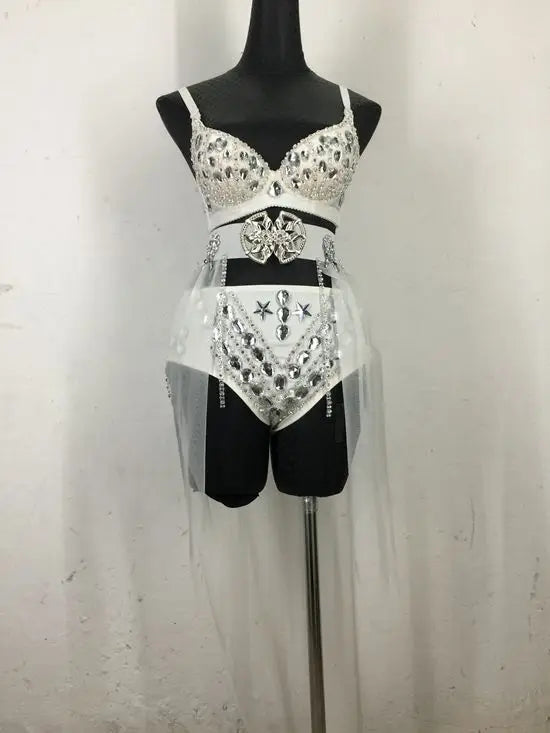 New Sexy Handmade DIY Sewing Top + Shorts + Gauze Skirt 3piece Set Nightclub DJ Singer Stage Costumes Women Summer Clothing