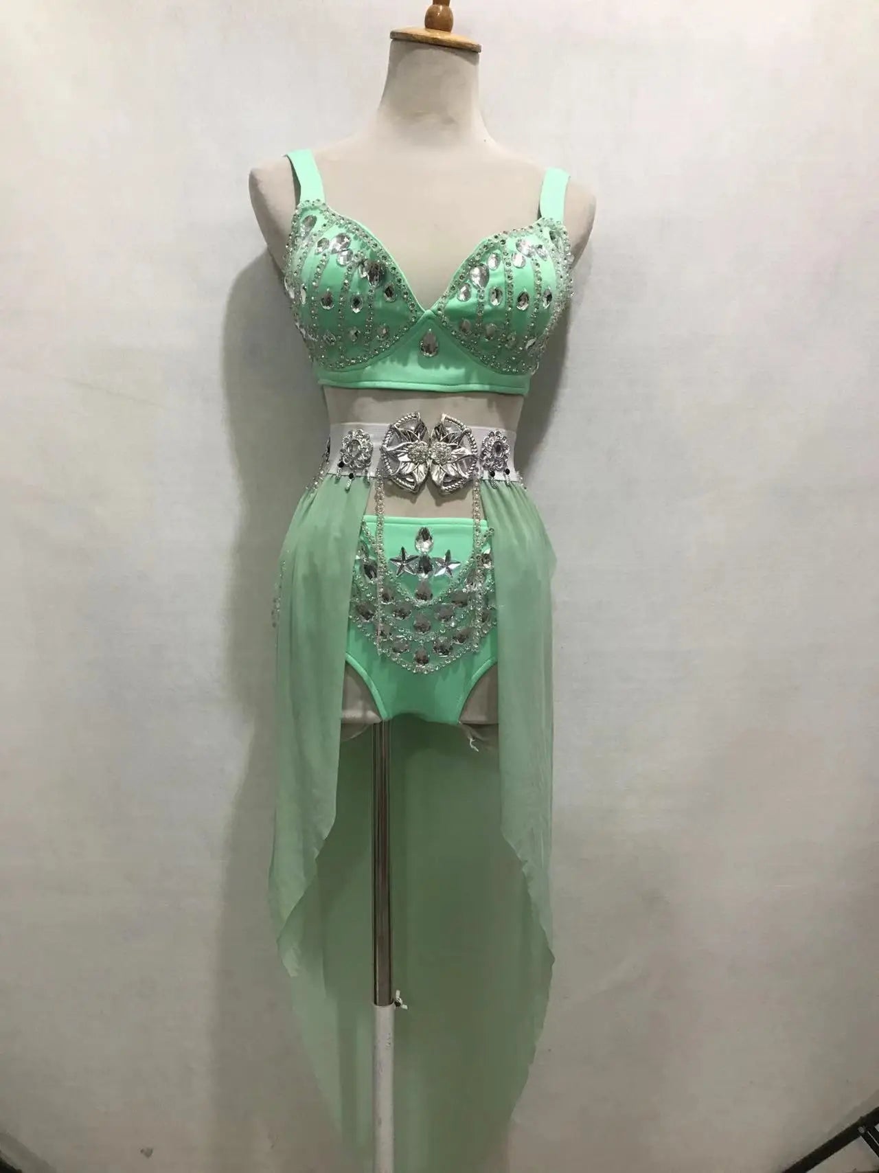 New Sexy Handmade DIY Sewing Top + Shorts + Gauze Skirt 3piece Set Nightclub DJ Singer Stage Costumes Women Summer Clothing