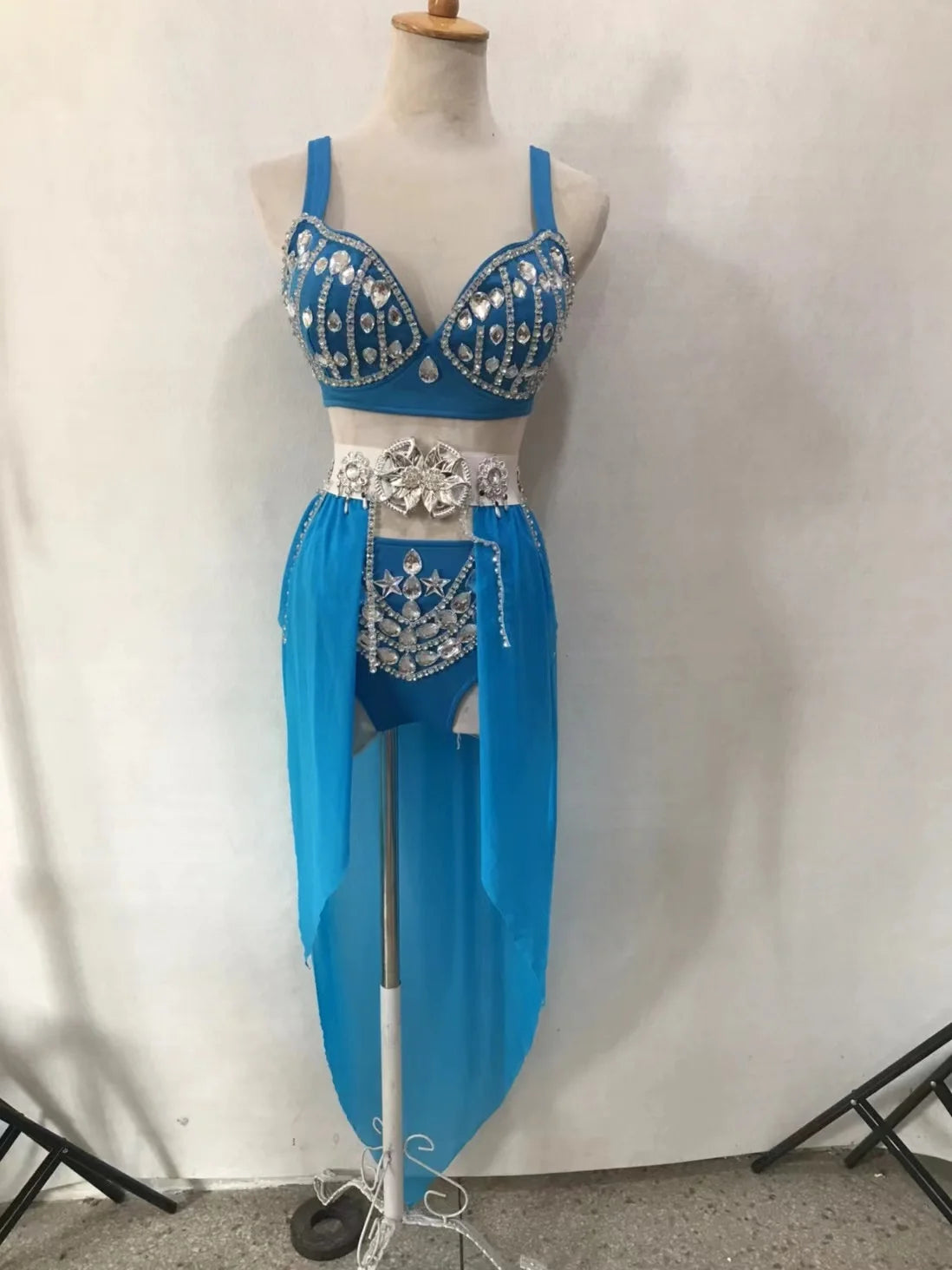 New Sexy Handmade DIY Sewing Top + Shorts + Gauze Skirt 3piece Set Nightclub DJ Singer Stage Costumes Women Summer Clothing