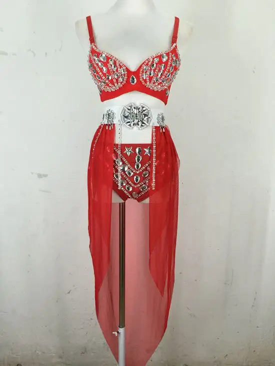 New Sexy Handmade DIY Sewing Top + Shorts + Gauze Skirt 3piece Set Nightclub DJ Singer Stage Costumes Women Summer Clothing