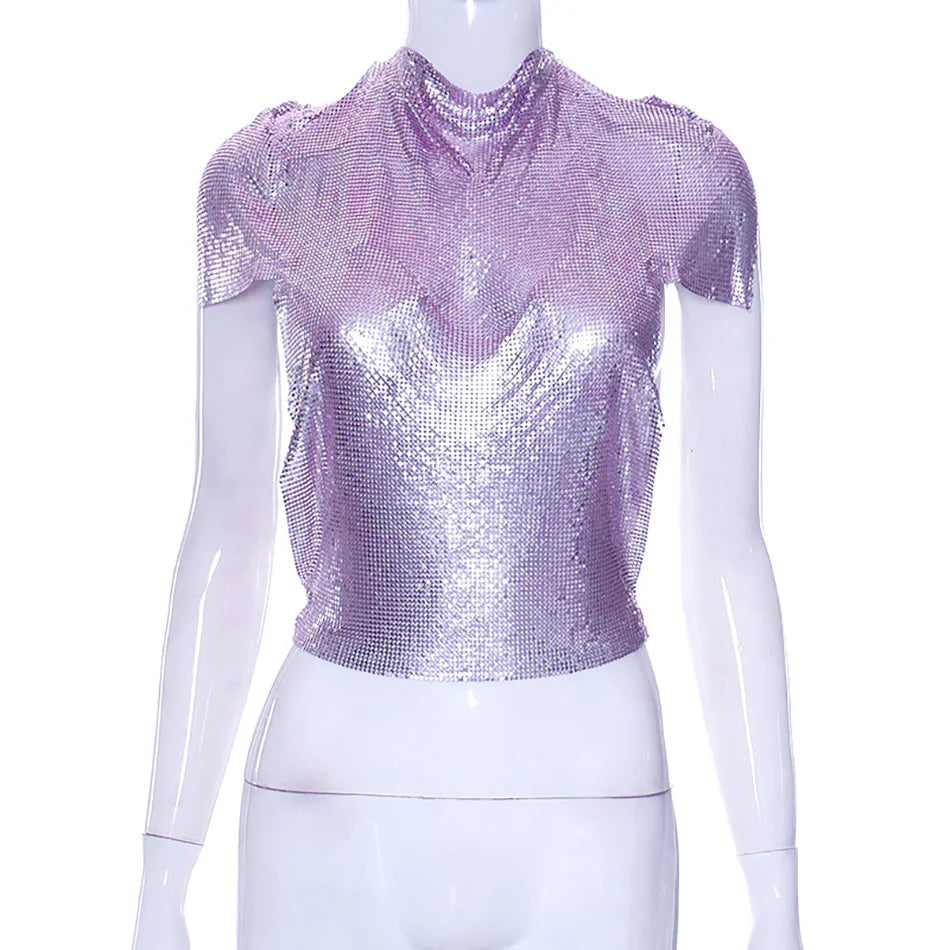 New Solid Color Luminous Sexy Chain Backless Slim Chain T-shirt