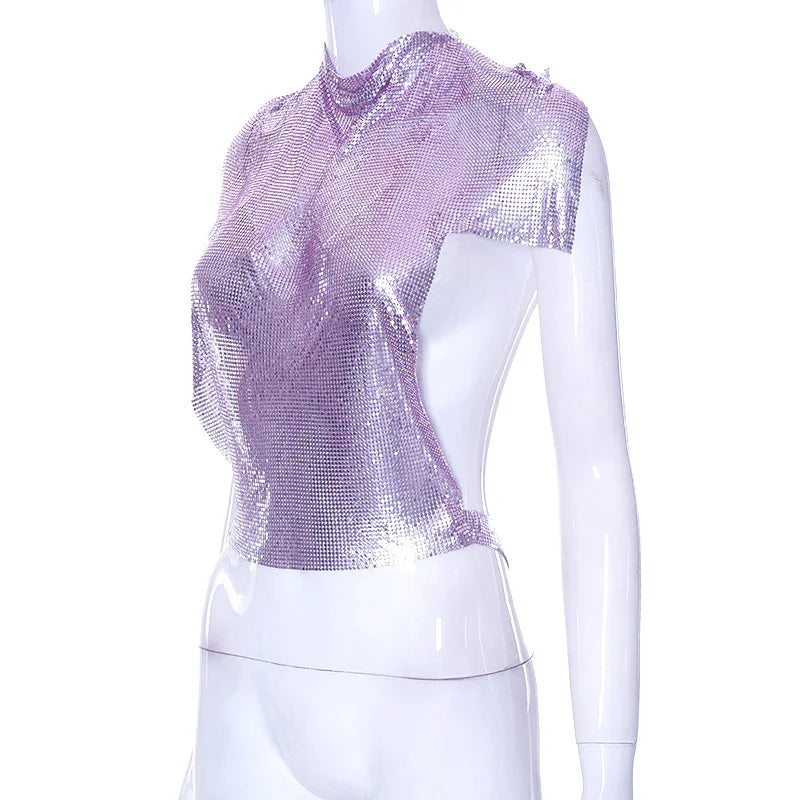 New Solid Color Luminous Sexy Chain Backless Slim Chain T-shirt