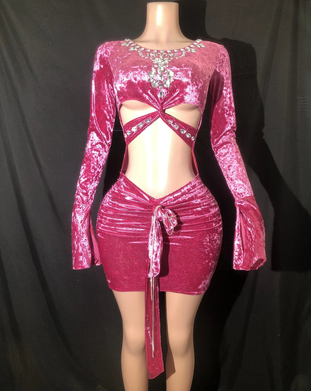 New Sparkly Rhinestones Velvet Evening Prom Celebrate Birthday Dress Sexy Hollow Short Dress Singer Show Performance Stage Wear