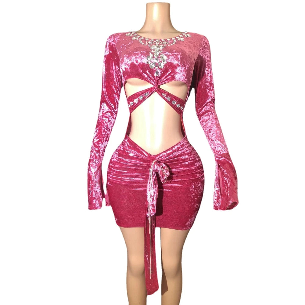 New Sparkly Rhinestones Velvet Evening Prom Celebrate Birthday Dress Sexy Hollow Short Dress Singer Show Performance Stage Wear