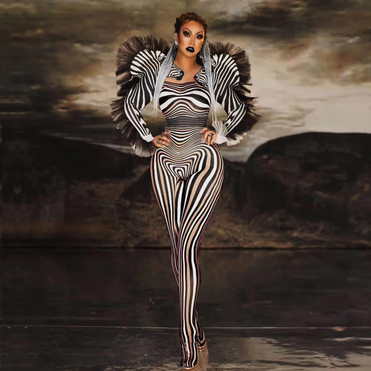 Zebra Stripe Sculptural Performance Jumpsuit