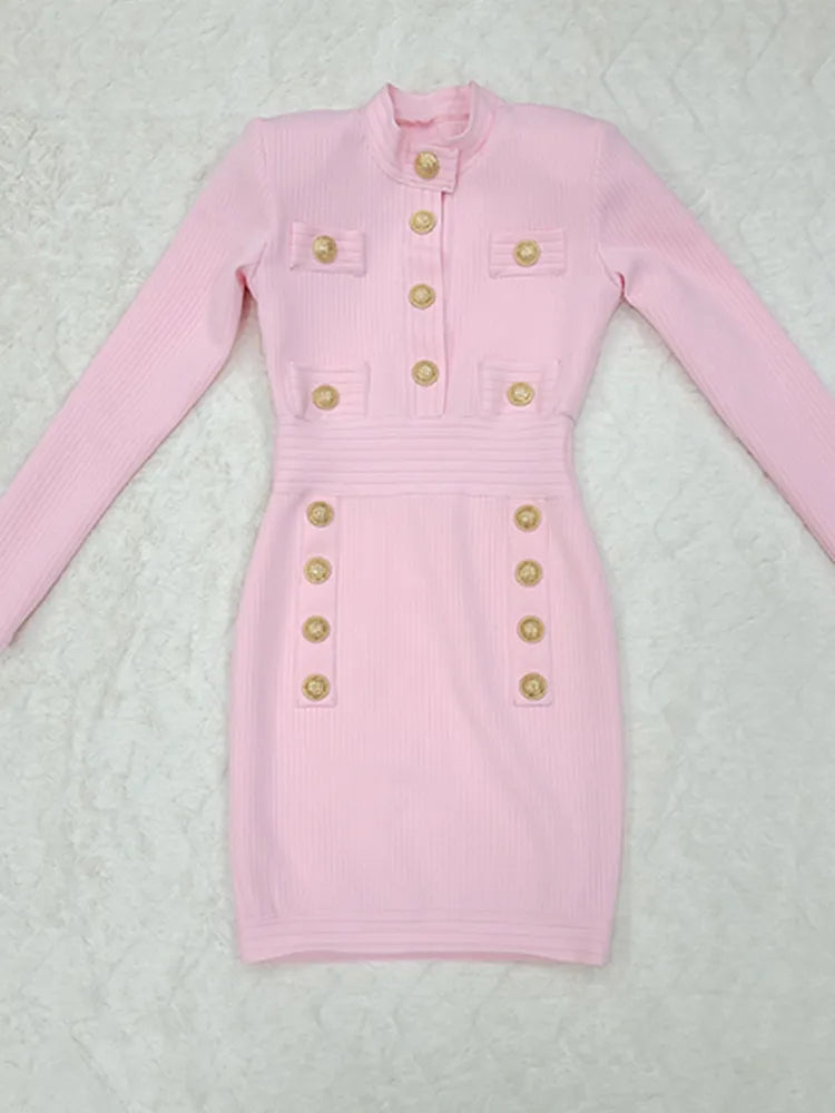 New Style Sexy Long Sleeve Key Hole Button Pink Mini Women Bodycon Bandage Dress Elegant Evening Club Party Dress