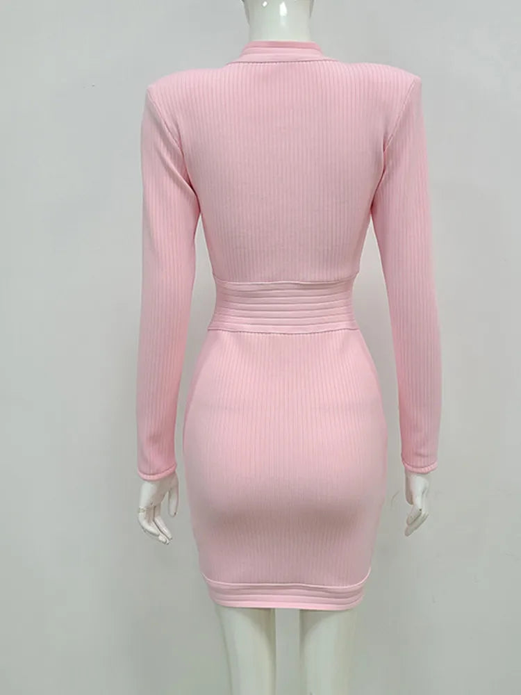 New Style Sexy Long Sleeve Key Hole Button Pink Mini Women Bodycon Bandage Dress Elegant Evening Club Party Dress