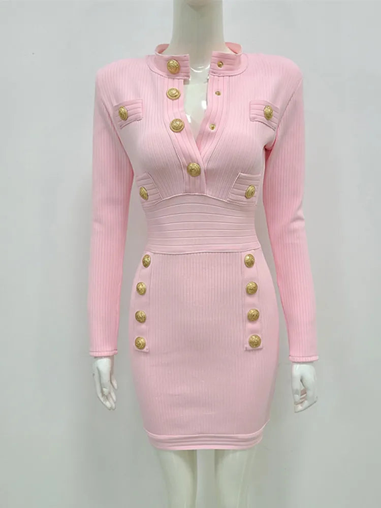 New Style Sexy Long Sleeve Key Hole Button Pink Mini Women Bodycon Bandage Dress Elegant Evening Club Party Dress