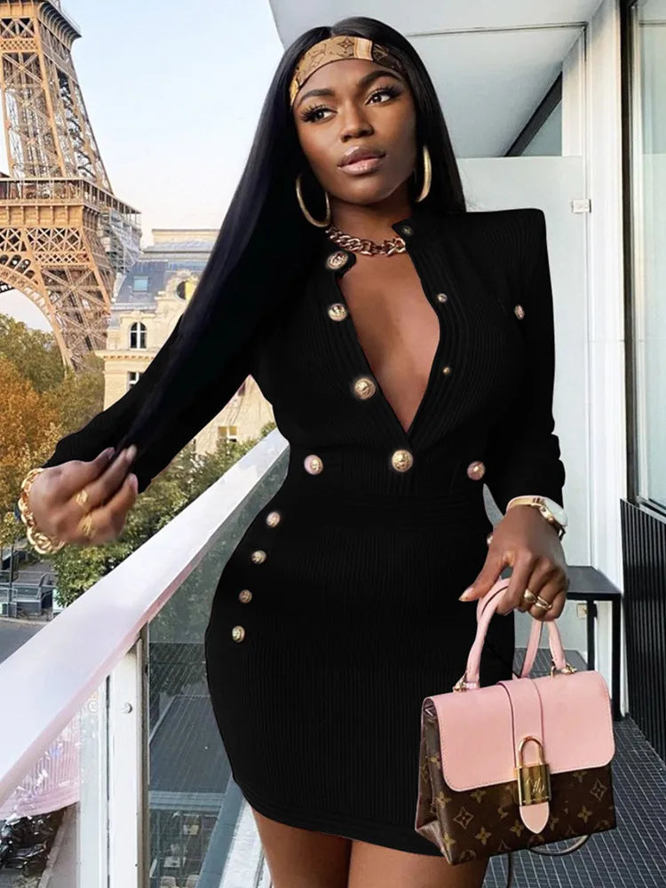 New Style Sexy Long Sleeve Key Hole Button Pink Mini Women Bodycon Bandage Dress Elegant Evening Club Party Dress