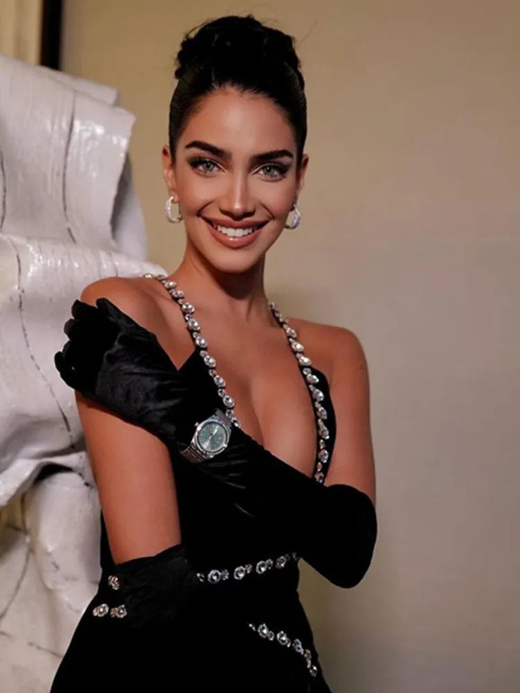 New Women Luxury Sexy Backless Sequined Sparkly Split Black Midi Bodycon Bandage Dress Elegant Evening Club Party Dress