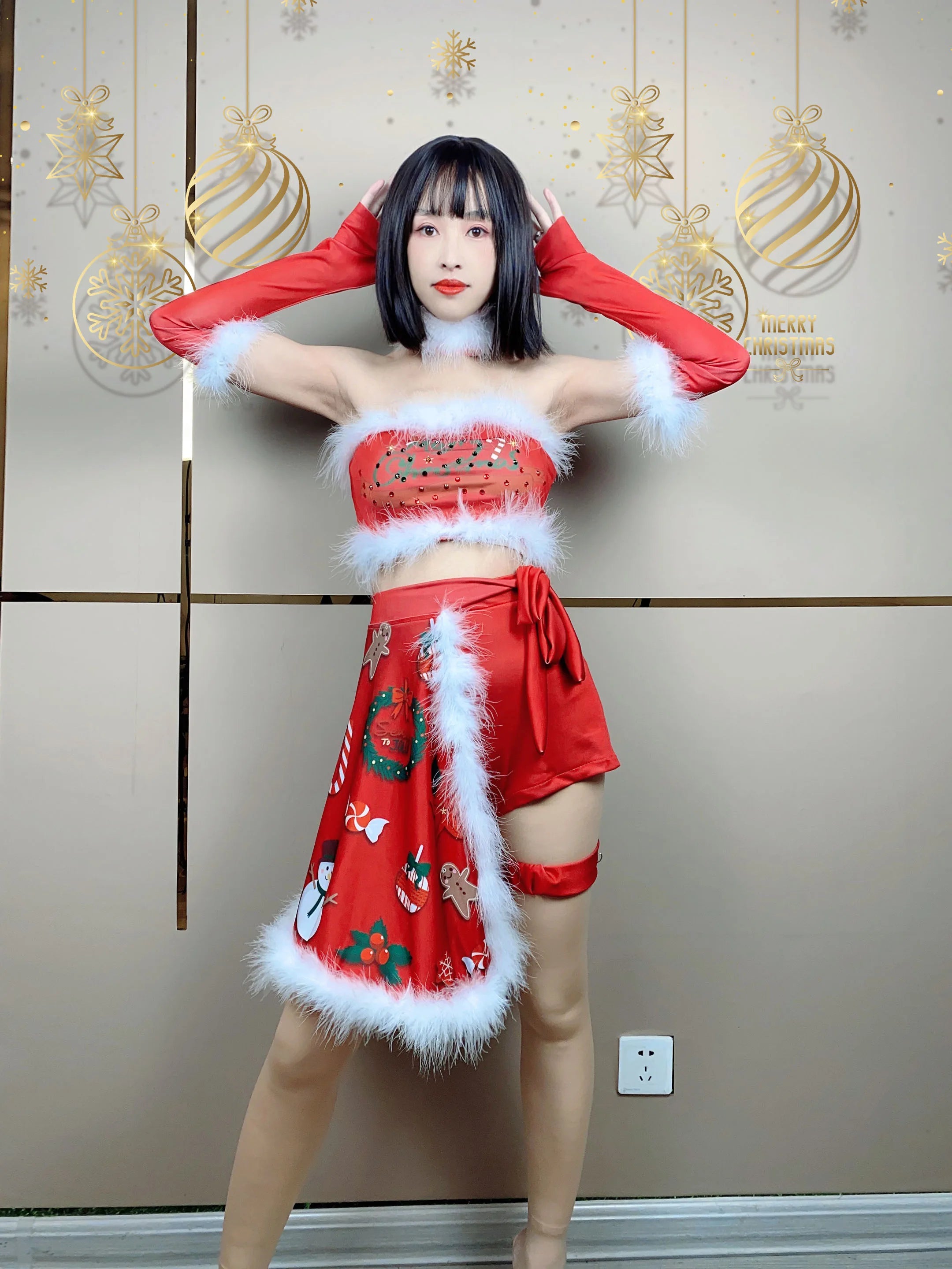 New Year's Day DJ DS Stage Performance Costume Nightclub Female Singer Christmas Party Rave Outfits Red Photo Shoot Costume Set