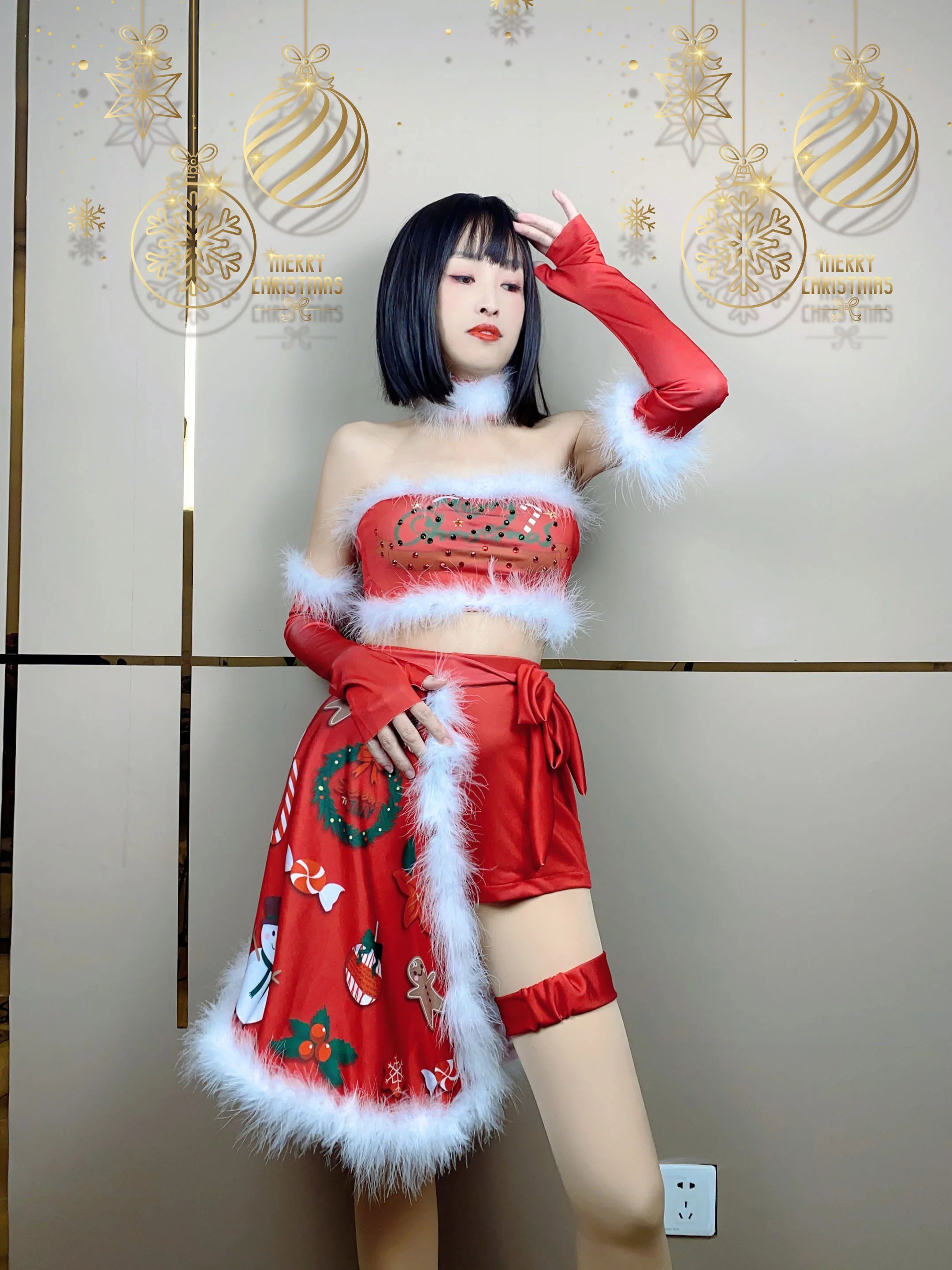 New Year's Day DJ DS Stage Performance Costume Nightclub Female Singer Christmas Party Rave Outfits Red Photo Shoot Costume Set