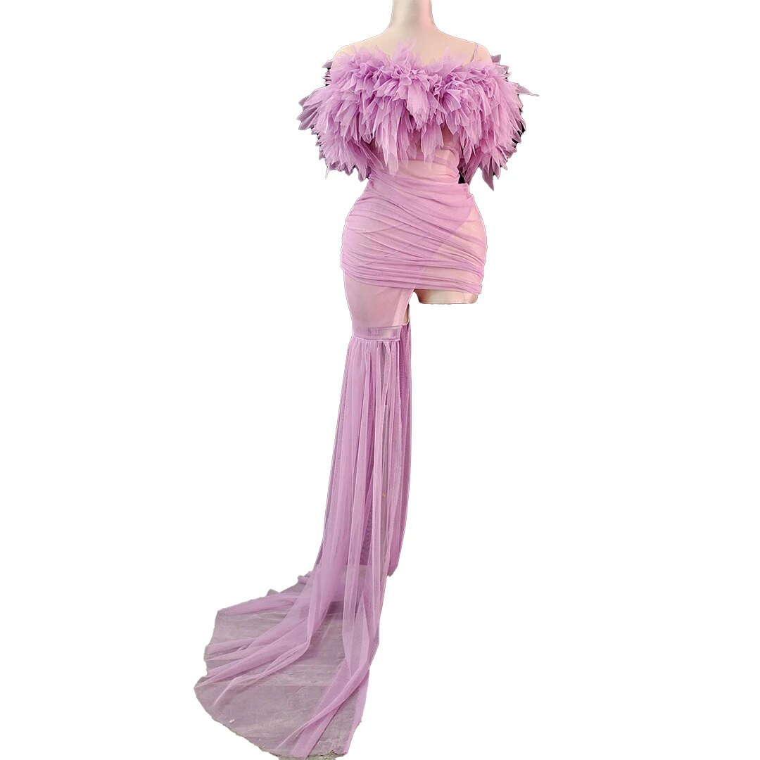 Night Club Fashion Mesh Dress for Women Special Occasion Dresses Tail Brand Designer Wedding Cocktail Party Dress with Gloves