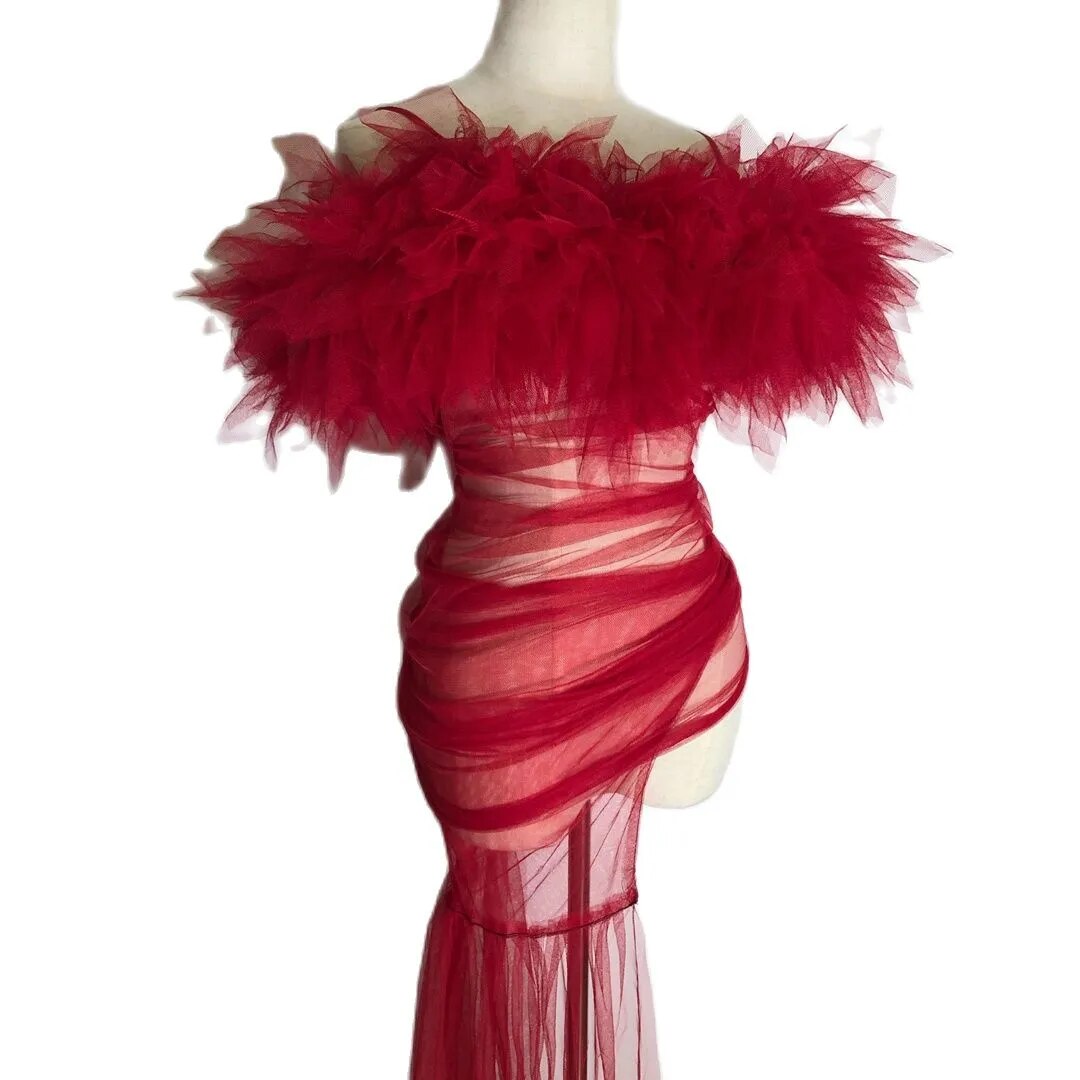 Night Club Fashion Mesh Dress for Women Special Occasion Dresses Tail Brand Designer Wedding Cocktail Party Dress with Gloves