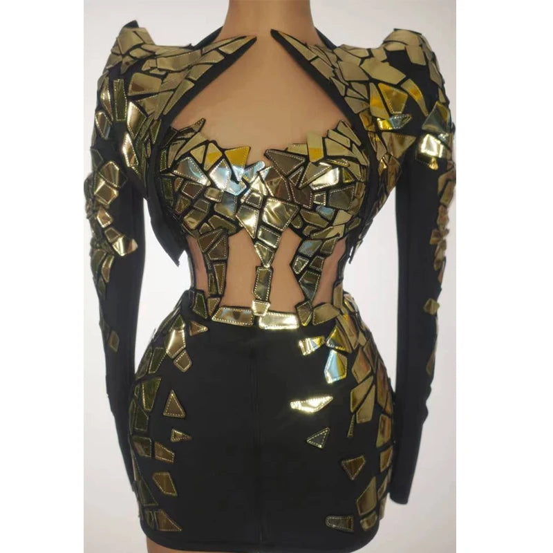 Nightclub Bar Female Singer Mirror Costumes Gold and Silver Hollow Short Dress Women Gogo Dancers Drag Queen Stage Party Dress