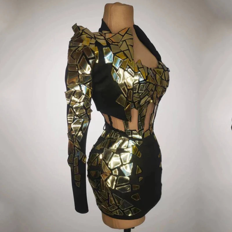 Nightclub Bar Female Singer Mirror Costumes Gold and Silver Hollow Short Dress Women Gogo Dancers Drag Queen Stage Party Dress