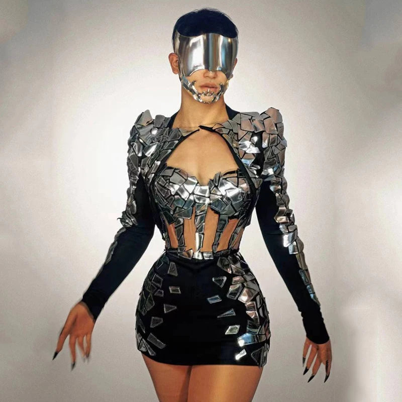 Nightclub Bar Female Singer Mirror Costumes Gold and Silver Hollow Short Dress Women Gogo Dancers Drag Queen Stage Party Dress
