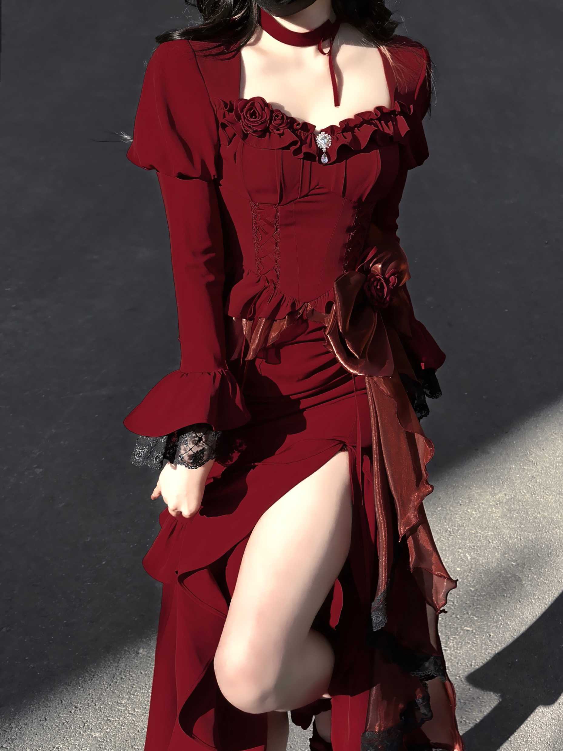 Red Rose Fishtail Dress Lolita Dress Elegant Goddess Adult Lady Like Woman Sheath Dress Birthday Dress for Women Vintage Dress