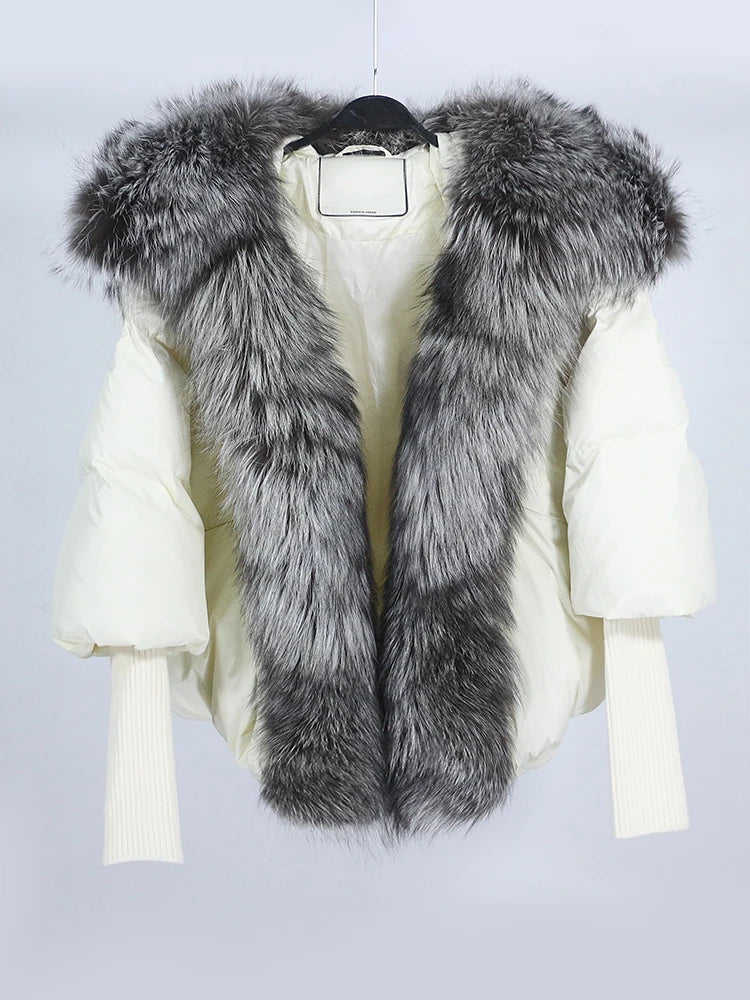 White Duck Down Jacket Winter Women Warm Loose Coat Natural Real Fox Fur Collar Thick Luxury Outerwear New Fashion