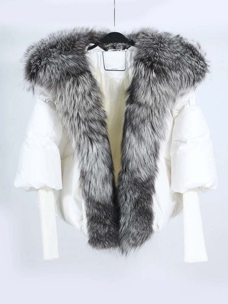 White Duck Down Jacket Winter Women Warm Loose Coat Natural Real Fox Fur Collar Thick Luxury Outerwear New Fashion