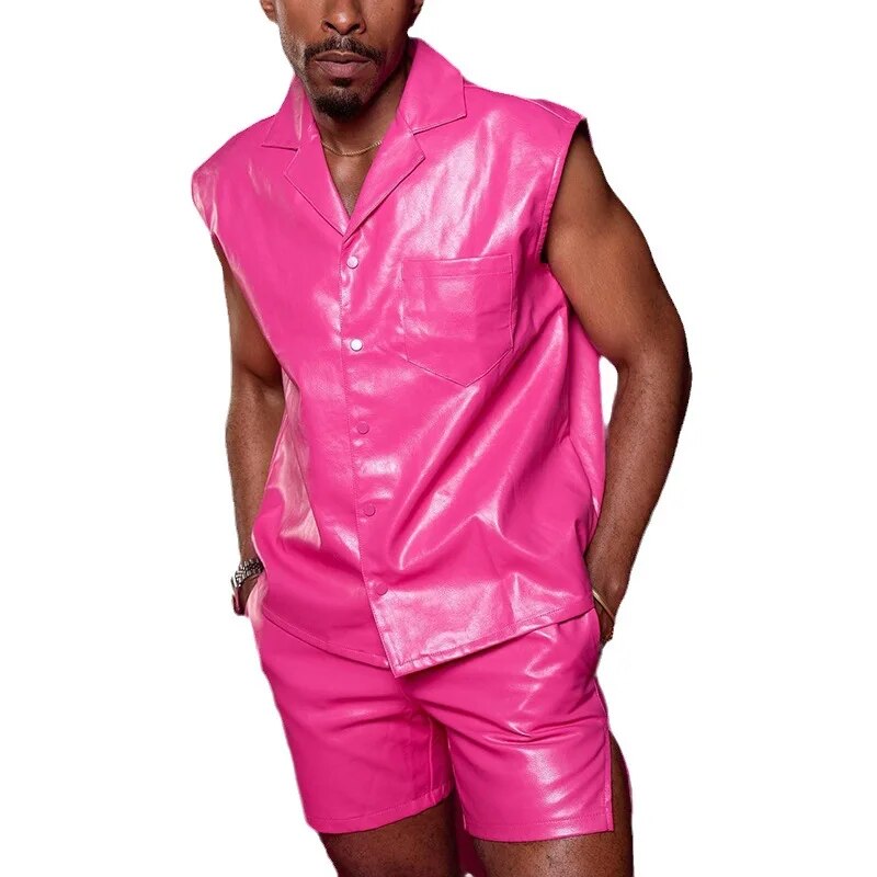 Close-fit Men's Vests Pink 2 Pcs Sets Male Solid Color Sleeve Less Jackets Short Pants Summer Stylish New