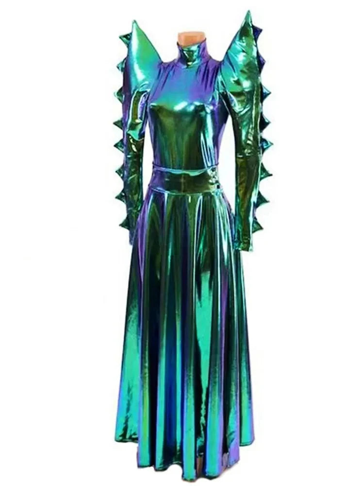 Party Show Green Laser Patent Leather Exaggerated Shoulder Bodysuit Long Skirt Women Stage Wear Singer Bar Nightclub Club Outfit