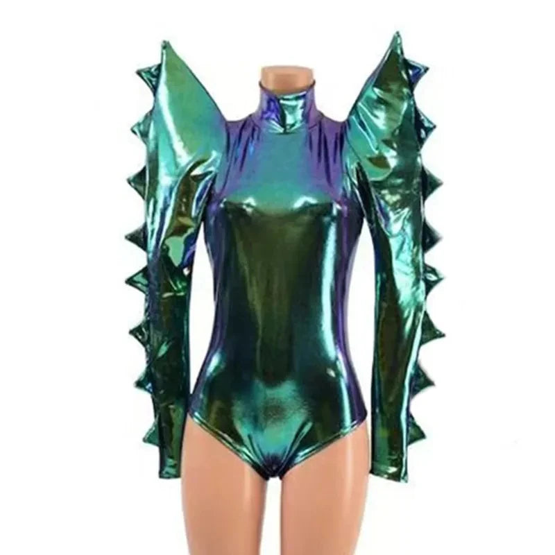 Party Show Green Laser Patent Leather Exaggerated Shoulder Bodysuit Long Skirt Women Stage Wear Singer Bar Nightclub Club Outfit
