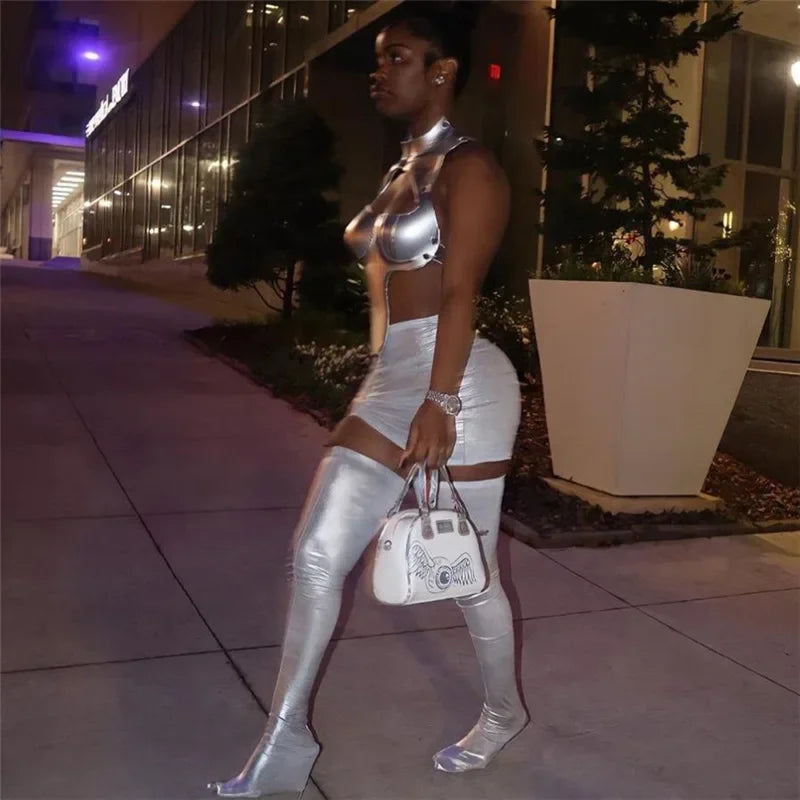 Party Women Shiny Silver Bustiers Crop Tops Irregular Cutout Tank Vest Metallic Silver Leather Slim Backless Bandage Corset Tops