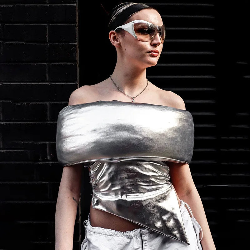 Party Women Shiny Silver Bustiers Crop Tops Irregular Cutout Tank Vest Metallic Silver Leather Slim Backless Bandage Corset Tops