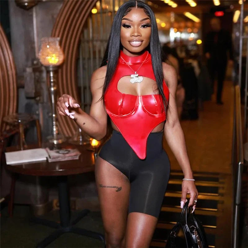 Party Women Shiny Silver Bustiers Crop Tops Irregular Cutout Tank Vest Metallic Silver Leather Slim Backless Bandage Corset Tops