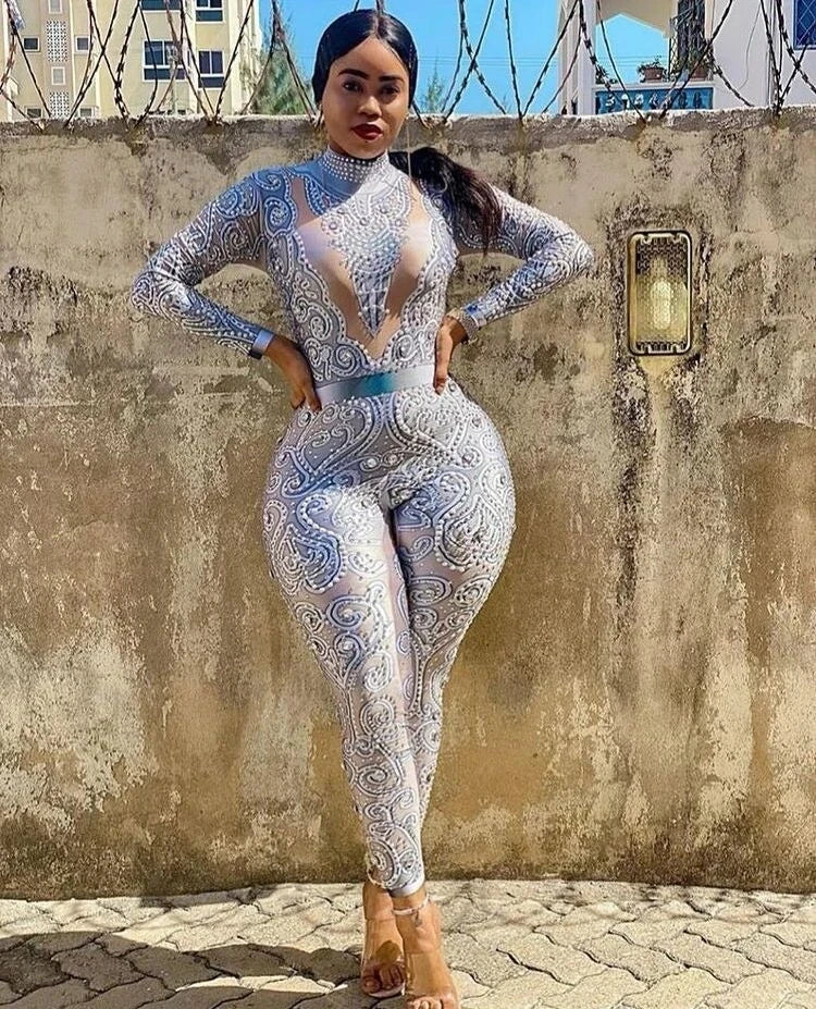 Pearls Long Sleeves Jumpsuit Sexy Show Women Singer Outfit Birthday Dress Celebrate Evening Party Wear