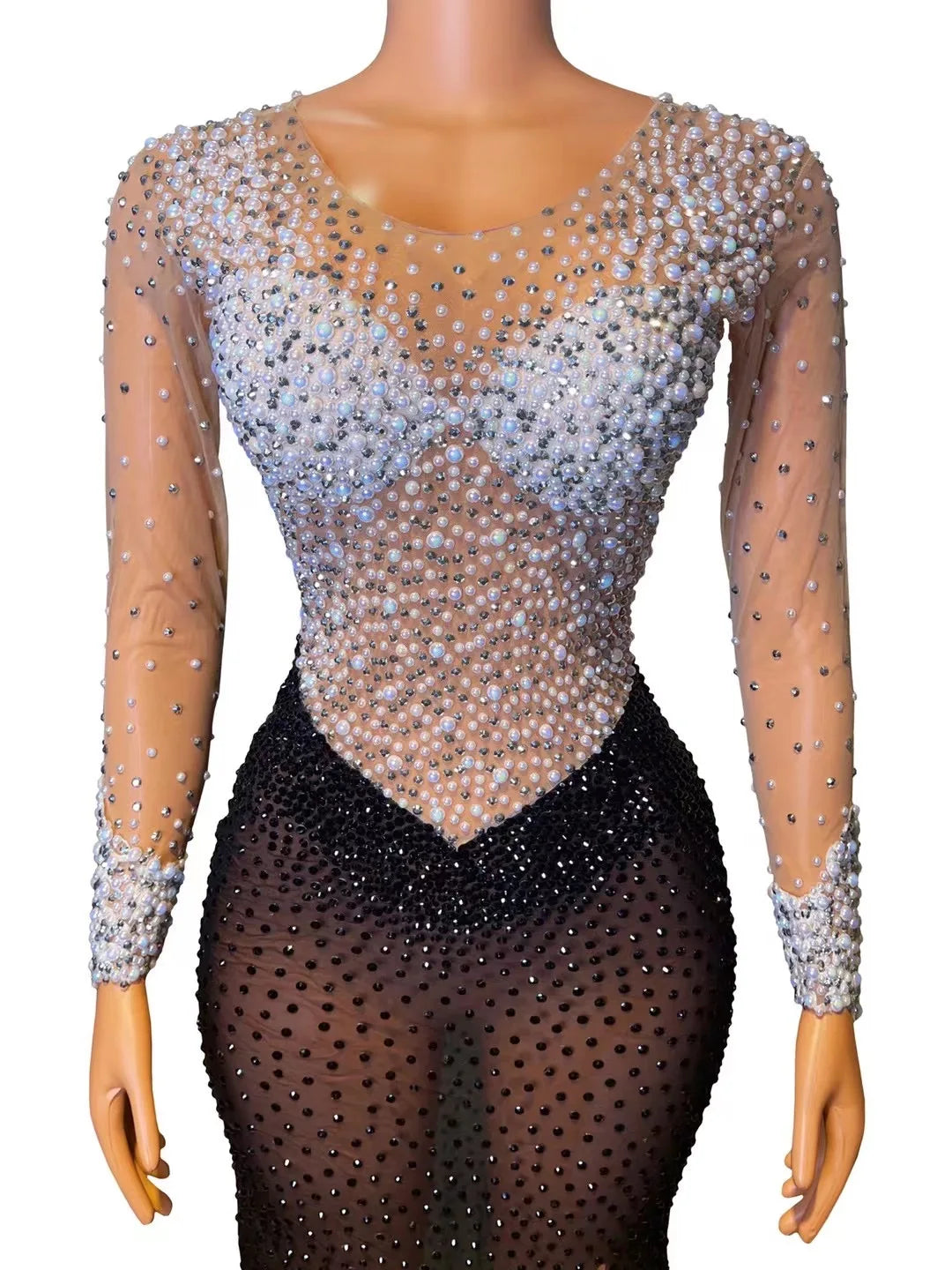 Pearls Rhinestones Stage Wear Birthday Celebrate Long Train Dress Party Outfit Costume Women Dancer Transparent Dresses