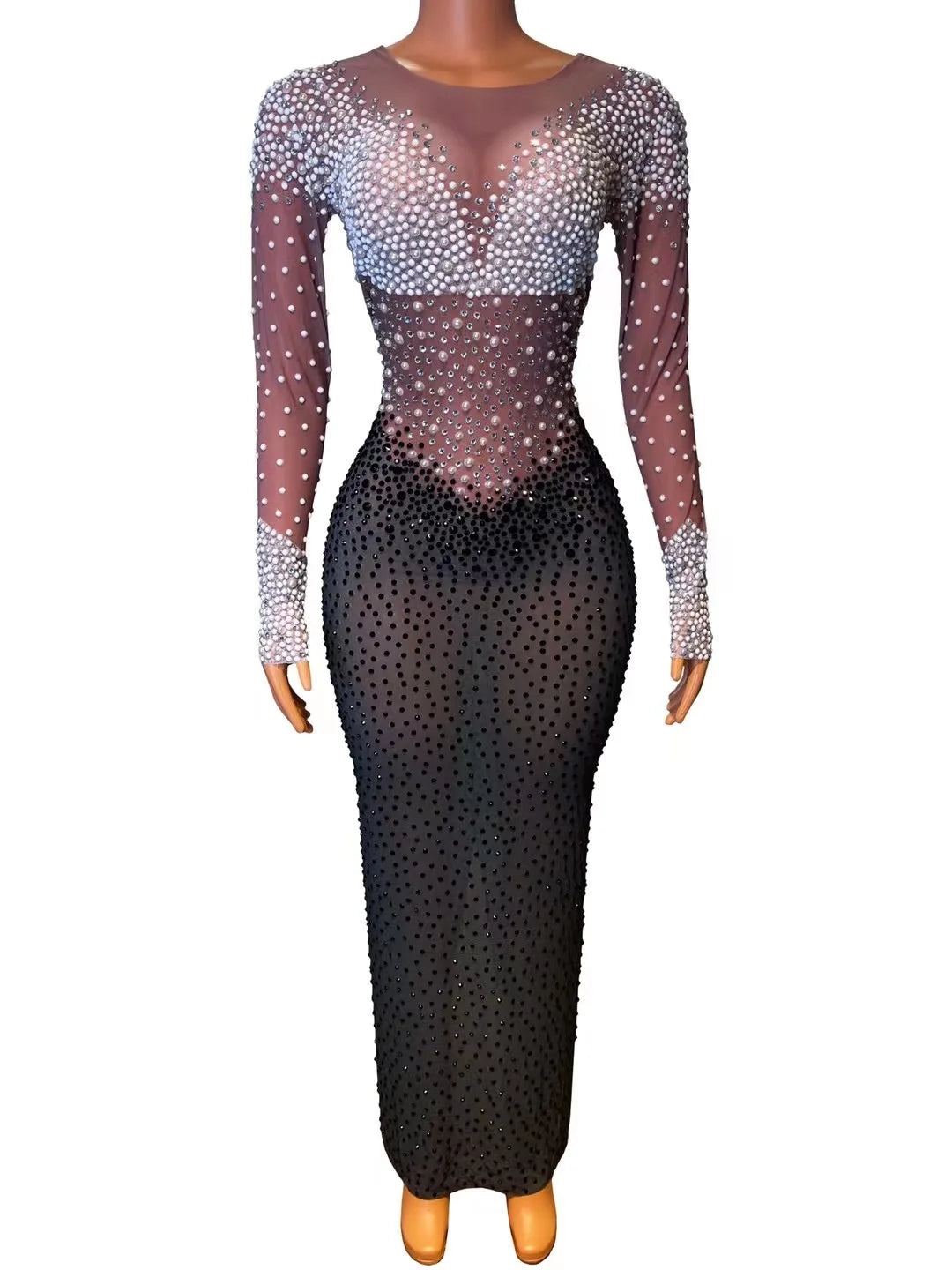 Pearls Rhinestones Stage Wear Birthday Celebrate Long Train Dress Party Outfit Costume Women Dancer Transparent Dresses