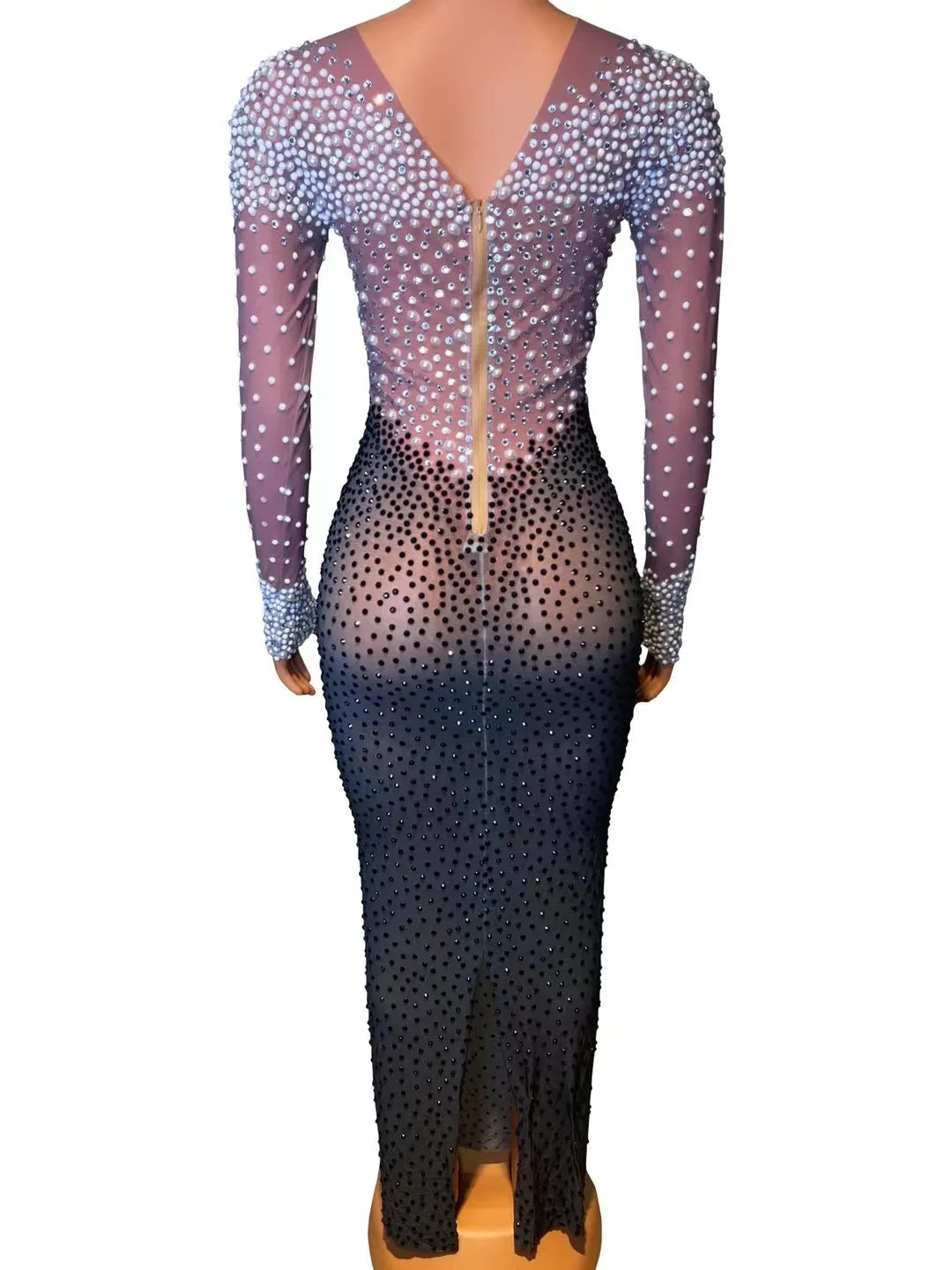 Pearls Rhinestones Stage Wear Birthday Celebrate Long Train Dress Party Outfit Costume Women Dancer Transparent Dresses