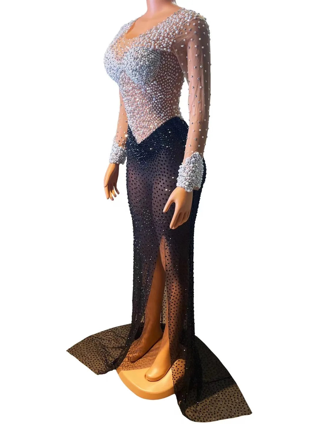 Pearls Rhinestones Stage Wear Birthday Celebrate Long Train Dress Party Outfit Costume Women Dancer Transparent Dresses