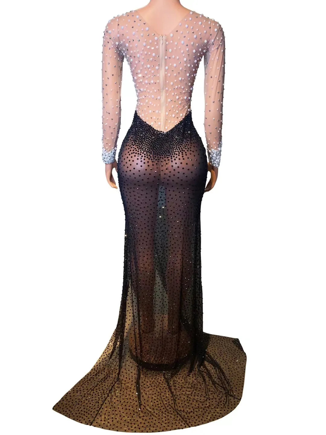 Pearls Rhinestones Stage Wear Birthday Celebrate Long Train Dress Party Outfit Costume Women Dancer Transparent Dresses