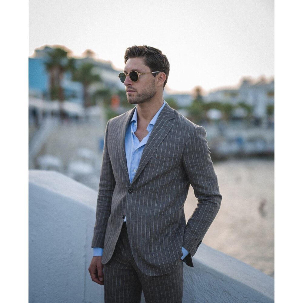 Pencil Grey Striped Men Suits Slim Fit 2 Piece Wedding Groom Best Man Clothes/Tailor Made Suit Formal Costume Homme Set