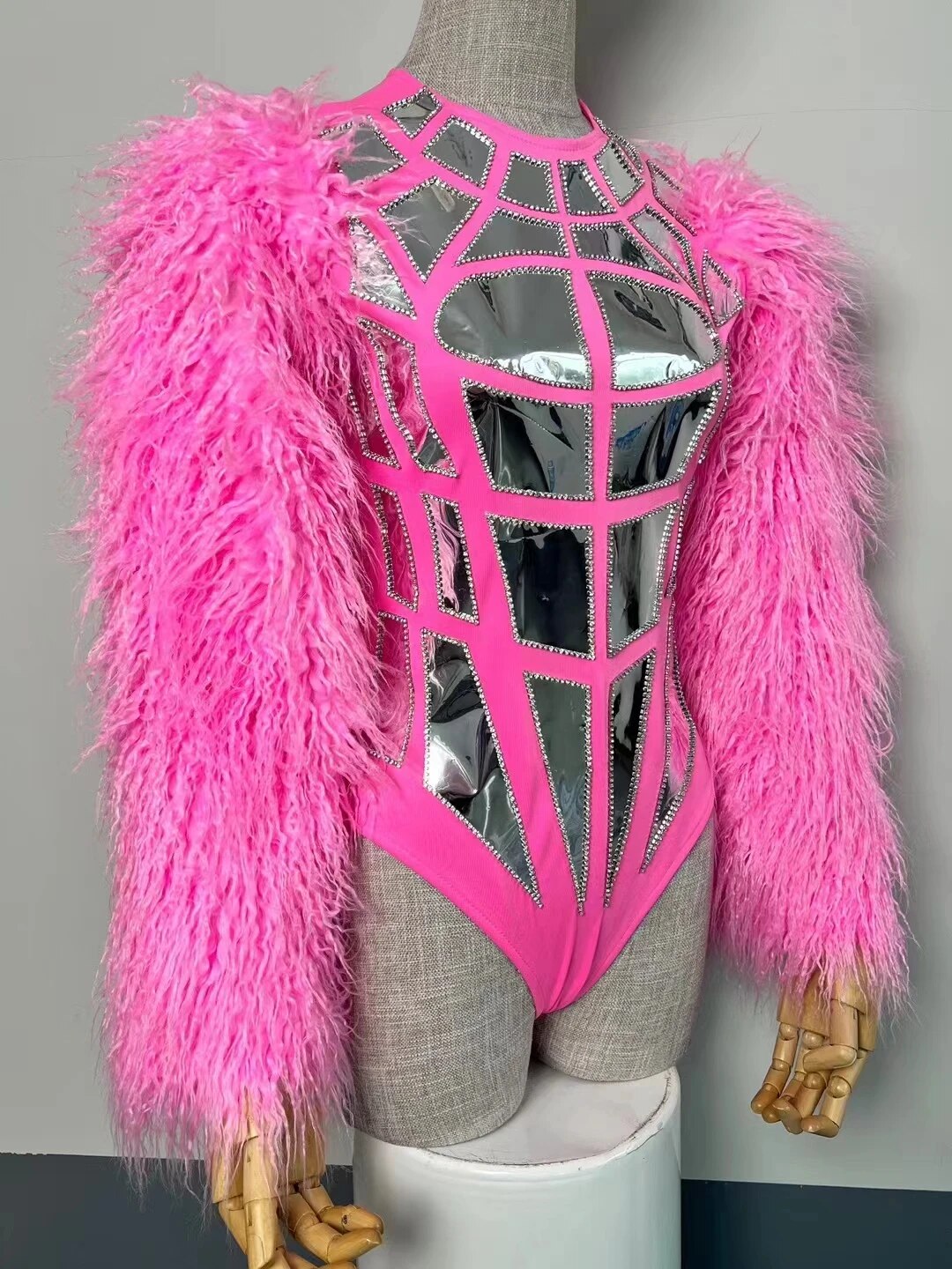 Pink Fur Sleeve Silver Laser Mirror Bodysuit Women Dance Team Sexy DJ Gogo Stage Wear Nightclub Party Show Drag Queen Costume