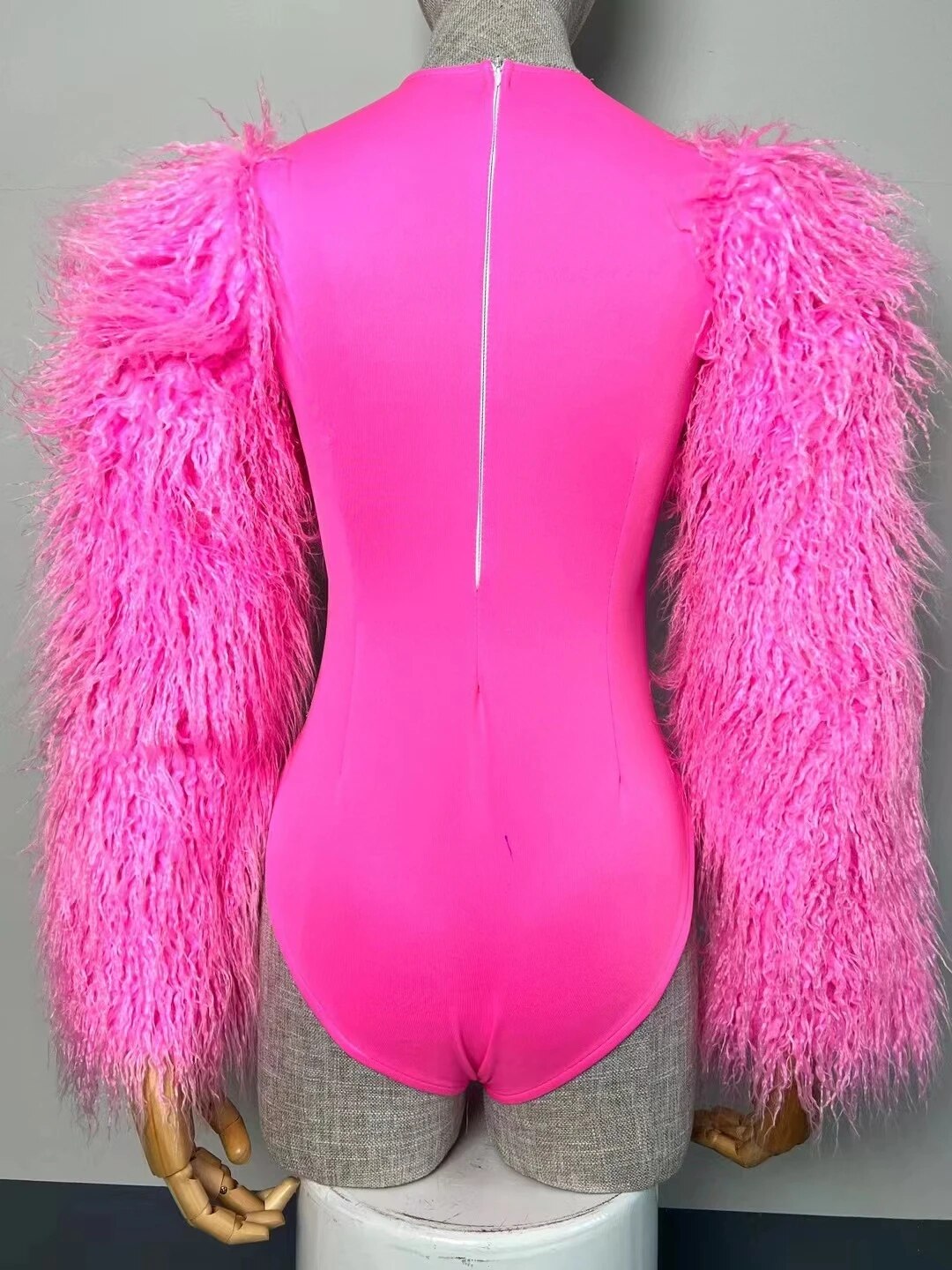 Pink Fur Sleeve Silver Laser Mirror Bodysuit Women Dance Team Sexy DJ Gogo Stage Wear Nightclub Party Show Drag Queen Costume