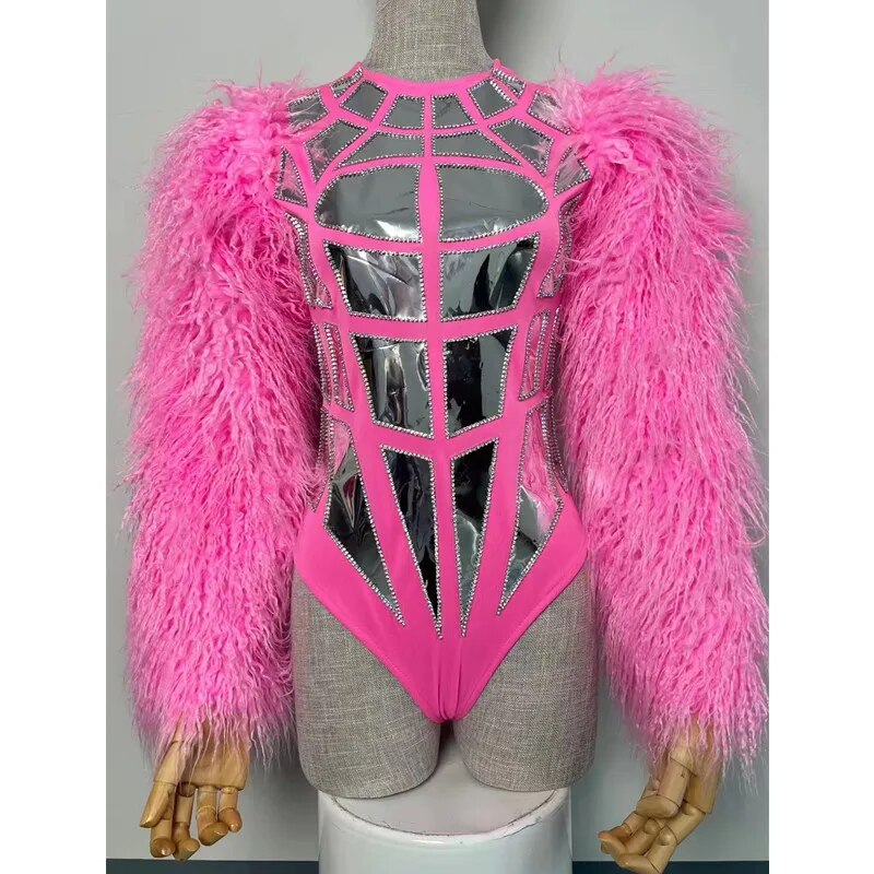 Pink Fur Sleeve Silver Laser Mirror Bodysuit Women Dance Team Sexy DJ Gogo Stage Wear Nightclub Party Show Drag Queen Costume