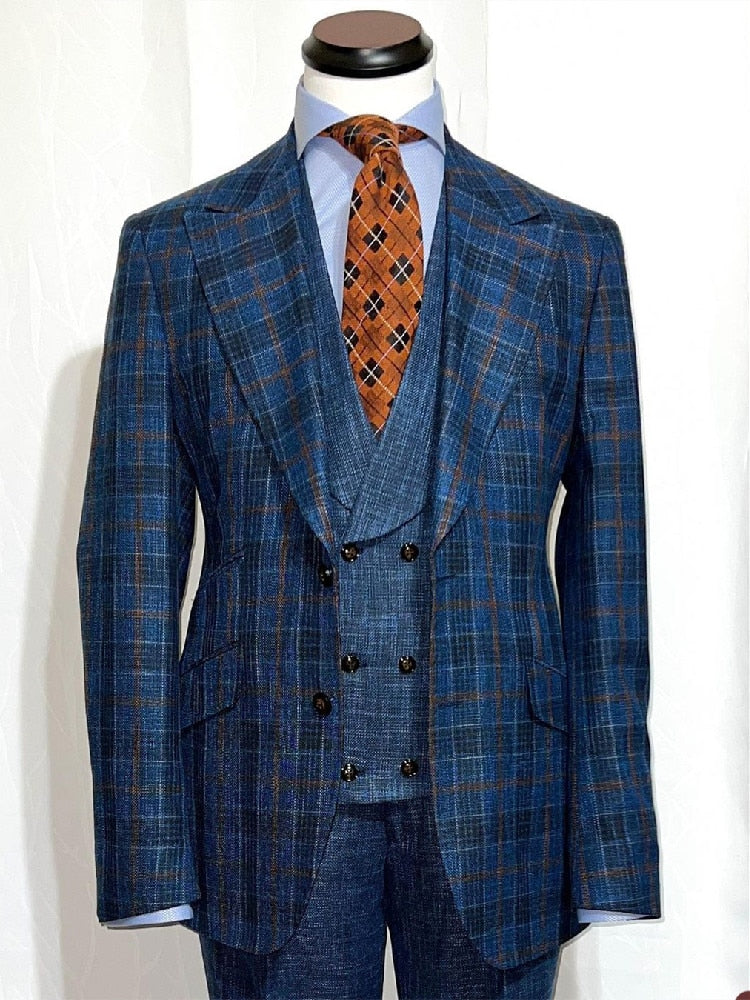 Plaid Men Suit 3 Pieces Business Blazer Vest Pants Single Breasted Dark Blue Modern Wedding Groom Formal Work Causal Tailored