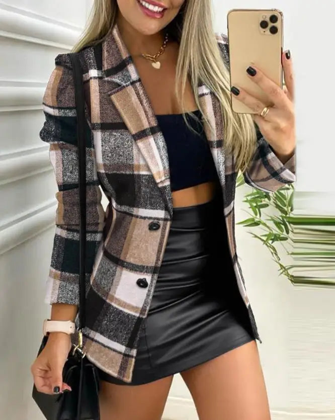 Plaid Print Button Front Long Sleeve Coat Casual Work Office Jacket Office Lady Outfits Autumn and Winter Women's Fashion Coat